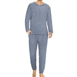 Herren-Nachtwäsche, Hahnentritt-Pyjama, männlich, Marineblau, Weiß, warm, Herbst, langärmelig, 2-teilig, lässig, grafische Pyjama-Sets, große Größe 5XL 6XL