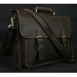 Bärbara väskor Vintage Crazy Horse äkta läder Män Portfölj 15 "Bag Work Business Shoulder Messenger Male Tote Handbag M088 230828