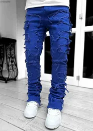 High Street Stretch Patch Jeans för herrkläder mode midja lapptäcke hip-hop kreativa nya jeans långa byxor man hkd230829