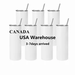 24 Hours Ship US Warehouse 20oz Heat Sublimation Blanks Tumblers Straight Cups with Lid Straws Stainless Steel Travel Mugs Slim Water Bottles