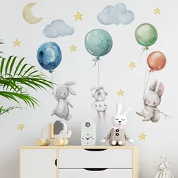 Adesivos de Parede Bonito Adorável Coelhos Voadores Balões Lua Estrela Nuvem Decalque Removível para Crianças Berçário Bebê Decoração Poster Mural 230829