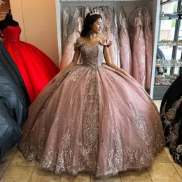 Розовое золото блестящие мимолеты Quinceanera платья Формальные роскошные кружевные аппликации сладкие 15 платье