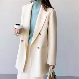 Kadın yün harmanları ceket çift göğüslü çift çiftlikli ceket Avrupa ve Amerikan orta uzunlukta takım elbise yakalı 230828