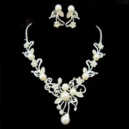 Silver Color Cream Pearl Decorated Rhinestone Crystal Beautiful Flower Design Brudhalsband och örhängen smyckesuppsättningar