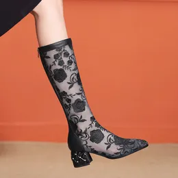 Boots FHANCHU Sexy Women Knee High Sandals Summer Mesh Shoes Embroidery Flower Long Botas Pointed Toe Black Red Dropship 230829