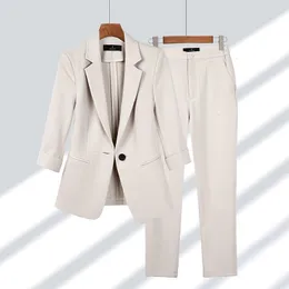 Women's Two Piece Pants Spring Summer Elegant Suit Jacket Matching Set Women's Korean Chic Blazers Coat Pants 2 Piece Female Professional Suit 230829