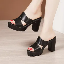 Slippers Small Size 32-43 Block High Heels Slides Women Shoes Summer 2023 Rivet Elegant Creepers Platform For Office Model