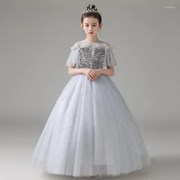 Girl Dresses Flower Illusion O-Neck Sequined Princess Floor-Length Tulle Lace Short Silver Off The Shoulder Kids Party Gown H231