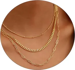 Viromy Dainty Gold Necklace for Women 14k Gold Plated Layered Satellite Neckor Trible Layering Paper Clip Chain Link Necklace Everyday Jewelry