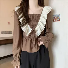 Blouses Femmes Coréen Blouse à volants Chemises Femmes Automne Manches longues Col carré Pull Y2k Tops Office Lady Casual Loose Solid Blusas