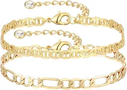 Dainty Layered Gold Chain Bracelet for Women 14K Gold Plated Handmade Adjustable Bracelet Satellite Beads Oval Mariner Figaro Link Chain Bracelets Minimalist Laye