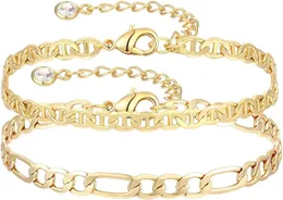 Pulseira delicada de corrente de ouro em camadas para mulheres banhada a ouro 14K feita à mão ajustável com contas de satélite Oval Mariner Figaro Link Chain Pulseiras minimalistas