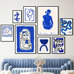 Gemälde Wand Kunstdruck Leinwand Bilder Blaue Mädchen Körper Linie Minimalistische Abstrakte Wohnzimmer Dekoration Malerei Poster Salon 230828