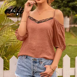 Tanques femininos EIKFI V-Strap Back Contraste Lace Trim Mulheres Cami Verão Senhoras Sexy Curto Slevee Backless Casual Solto Vermelho Preto Sólido Tops