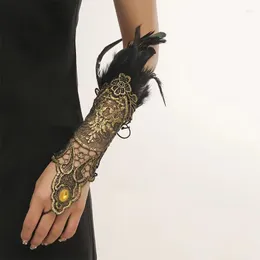 Связанные браслеты Gothic вампира длинные кружевные перо браслет с кольцом одно цепное украшение для женских вечеринок Золото -цветная декорация
