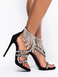 Toe Rhinestone Fringe Bling Sandals Open Crystal Stiletto klackar Summer Sexiga kvinnor Skor Casual Party Designer Zipper 356 312 C