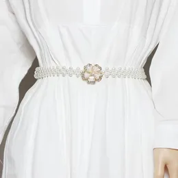 Cintos elegantes pérolas falsas flor fivela de metal elástico cintura senhoras strass borda larga cinto vestido espartilho decoração