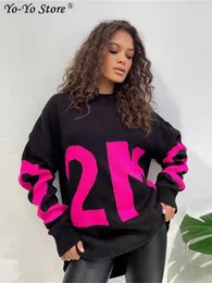 Grundläggande avslappnade klänningar Kvinnor Letter Tryckt Knitad tröja klänning Jacquard långärmad topp Loose Ladies Pullover 2022 Casual Sweaters Jumper Streetwear T230825