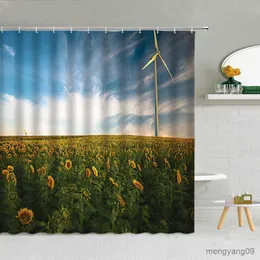 Shower Curtains Modern Electric Windmill Shower Curtain Seaside Beach Lighthouse Tree Scenery Bathroom Decor Waterproof Fabric Curtains R230830