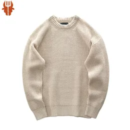 Men's Sweaters Vintage Waffle Knitted Sweater Men Autumn Winter Thick Khaki Round Neck Loose Long Sleeve Retro Casual Pullover Tops 230830