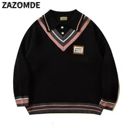 ZAZOMDE Maglioni per coppia Vintage Scollo a V Pullover oversize quotidiani Ammaccatura Autunno Casual Maglione lavorato a maglia con colletto rovesciato tutto-fiammifero Q230830