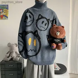 High-neck sweater men's autumn and winter lazy style knitted sweater cartoon devil pattern wool sweater pullover Q230830