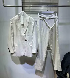 Pantaloni da donna a due pezzi Designer Donna Set di lino a catena solida Pantaloni con cintura blazer a un bottone OL 2 pezzi