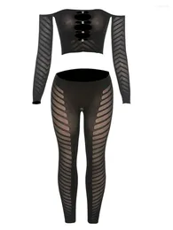 Pantalon de deux pièces pour femmes S 2 Cual Tenues à manches longues à épaules dénudées Tube Tops Crochet Creux Skinny Ensembles Streetwear