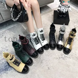 Designer feminino couro laca botas de couro rendas até sapatos de sola grossa cor combinando meados de manga botas de borracha sola bota