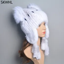 Beanieskull Caps hats for Women nurty Mink Fur Tails Earflap Winter Bomber Hat Real Knitte Beanie 230830