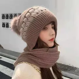 BeanieSkull Cap Winter Warm Hat Beanies Scarf Breathable Rabbit Hair Blend Knitted for Women Double Layers Protection Caps 230829