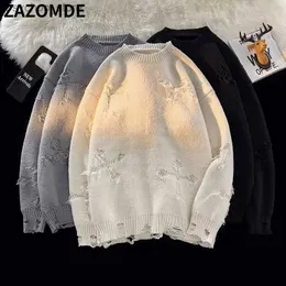 Zazomde Hip Hop Hole Raked Вязаные свитера мужчины Harajuku Streetwear Случайные пуловки 2022 Осенняя мода Негабаритная унисекс -свитер Q230830