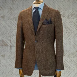 Men's Suits Blazers Men's Suit Brown Blazer Prom Tuxedos Herringbone Wool Tweed Single Breasted Formal Bussiness Jacket for WeddingOnly Coat 230829