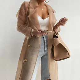 Women's Jackets Women Organza See Though Sunscreen Long Sleeve Trench Summer Autumn Fashion Double Breasted Coat With Belted Tops Outwear