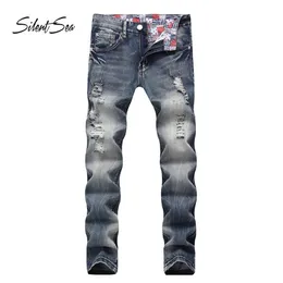 Mäns jeans Silentsaea Fashion Biker Button Pants Trendy Designer Mens High Quality Blue Color Straight Ripped For Men289p