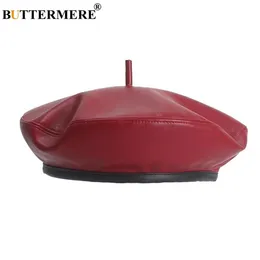 Berets BUTTERMERE Leather Women French Military Beret Female Flat Cap Red Ladies Pumpkin Hat Adjustable Vintage Autumn Winter 230829