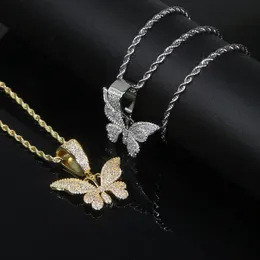 New Designer Iced Out Butterfly Charm Pendant with Rope Chain Necklace Hip Hop Women Lady Full Paved 5A Cubic Zirconia Wedding Girlfriend Gift Jewelry