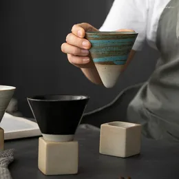 Mugs Retro Ceramic Espresso Coffee Mug Creative Hand-painted Glaze Conical Tea Cup With Base Coarse Pottery Single Water 150ml