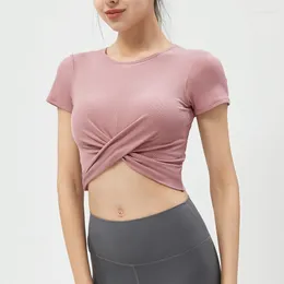 Camicie attive T-shirt a maniche corte da yoga T-shirt da donna sexy con ombelico aperto Abbigliamento da fitness Allenamento da corsa Top sportivo ad asciugatura rapida