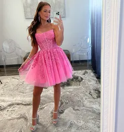 Elegant Short Strapless Lace Homecoming Dresses Pink Tulle Sleeveless Knee-Length Corset Back Prom Party Gown with Pockets for Women