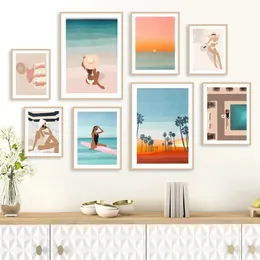 Pintura en lienzo Playa Surf Chica Traje de baño Piscina Puesta de sol Póster abstracto Impresiones artísticas de pared Imágenes de pared para Boho Sala de estar Mujer Dormitorio Decoración de café Sin marco Wo6