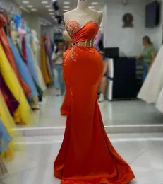 2023 Aso Ebi Arabic Orange Mermaid Prom Dress Lace Beaded Crystals Evening Formal Party Second Reception Birthday Engagement Gowns Dresses Robe De Soiree ZJ239