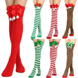 Women Socks Fashion Christmas Bowknot Long Striped Ball Pendant Stockings Over Knee Elegant Wedding Party Cosplay Prop