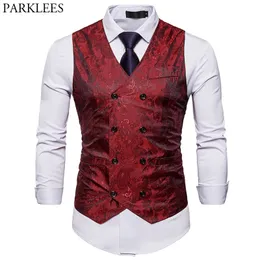 Mens Vests Red Paisley Double Breasted Dress Vest Brand Slim Fit Formal Business Sleeveless Waistcoat Men Chaleco Hombre 2XL 230829