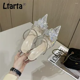 Slippers LTARTA Woman Shoes 2023 Fashion Pointed Side Air Rhinestone Flower Transparent Straight Line Baotou ZL