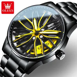 OLEVS Rotation Rim Hub Sports Car Watch Men Watches Waterproof Stainless Steel Wheel Quartz Wristwatch Men med lysande händer X0830