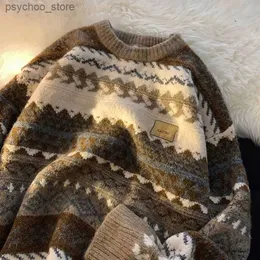 gmiixder秋の冬のレトロ濃厚なセーターメン日本のトレンディな幾何学的レトロニットトップOネックルーズハンサムグランジプルオーバーQ230830