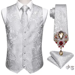 Mens Vests 5PCS Designer Wedding Suit Vest Silver Paisley Jacquard Folral Silk Waistcoat Tie Brooches Set BarryWang Groom 230829