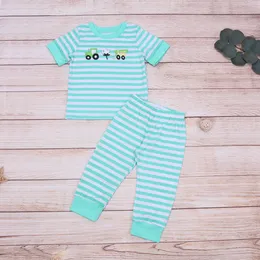 Kleidungssets Baby-Kleidungsset für Kinder, Jungen, zweiteilig, LKW-Baumwolle, Stickerei, blaues T-Shirt, Streifen, Hosen 230830