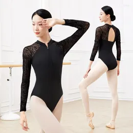 Bühnenabnutzung Ballett-Trikots für Frauen Tanzen Schwarze Spitze Hohlrücken Erwachsene Ballerina-Kleidung Langarm-Stehkragen-Kostüm